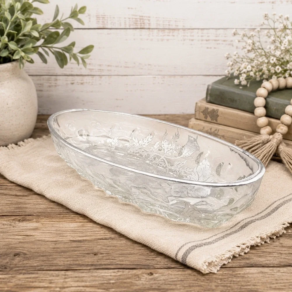 Vtg Frosted Etched Floral Relish Dish Celery Tray Poppy Serving Bowl Cottagecore